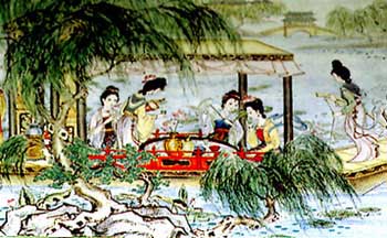 Chinesische Hofdamen beim Teetrinken auf einem Boot